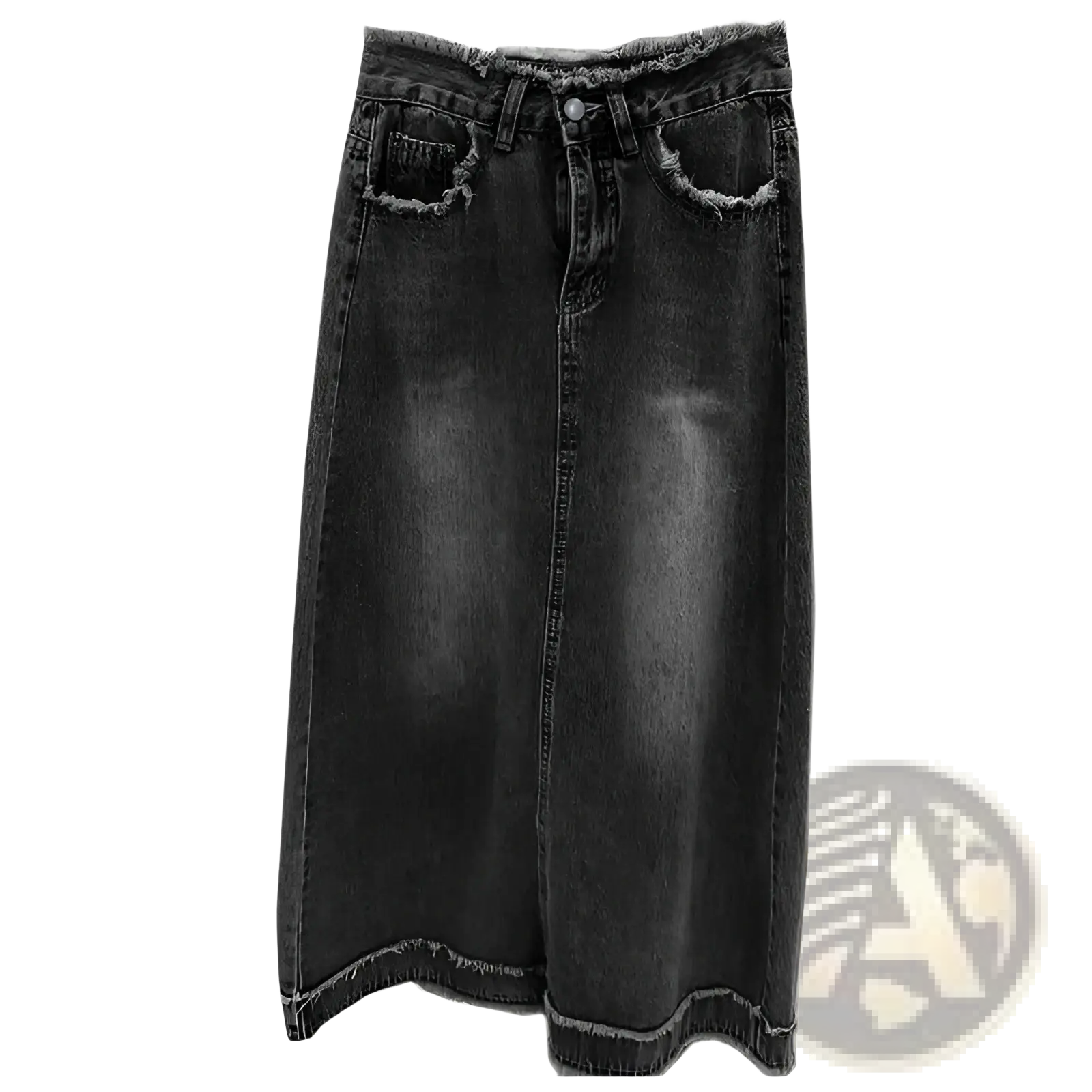 Black raw edge distressed denim midi skirt with frayed hem and pockets made from denim material