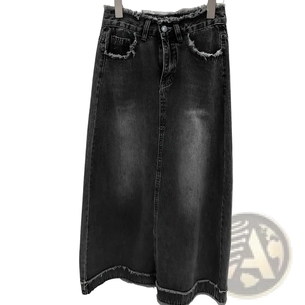 Dark gray raw edge distressed denim midi skirt with frayed hem and pockets made of durable denim fabric