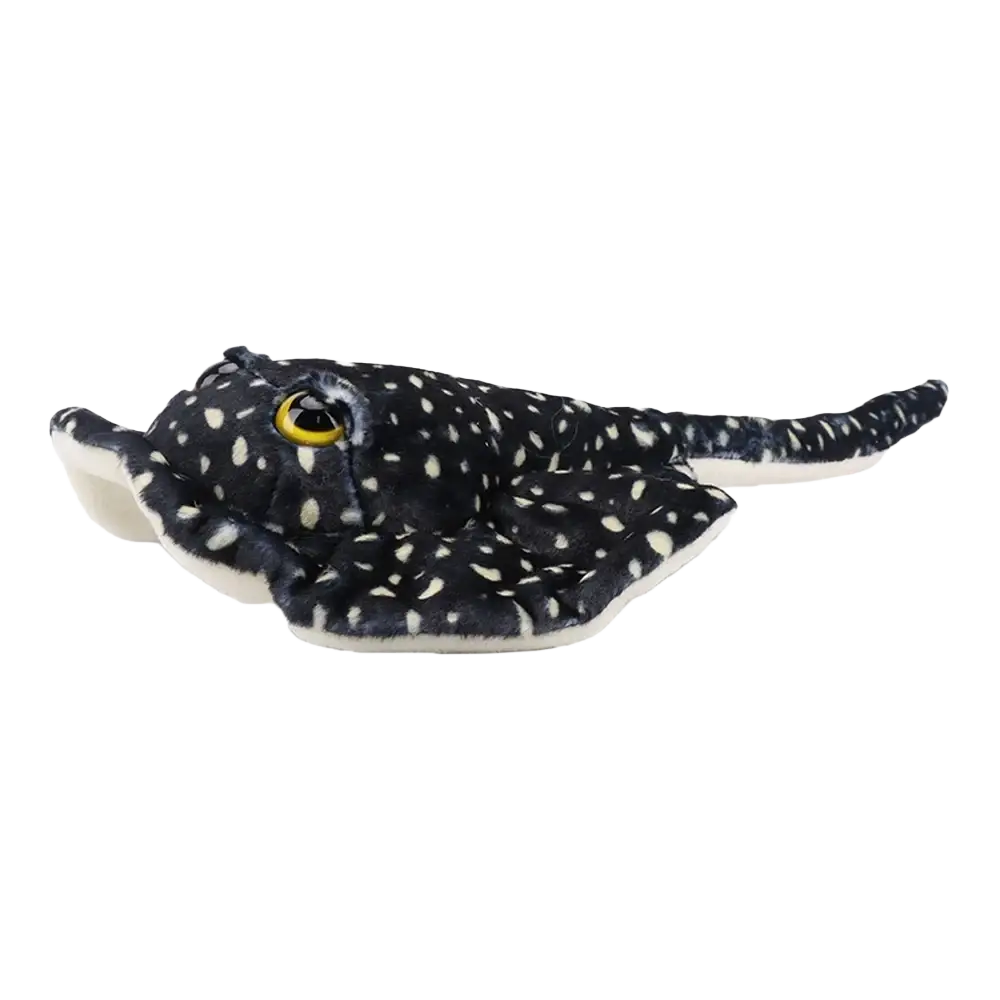A plush black and white spotted ray plush toy with a yellow eye featured in ray plush toys and dot octopus collection