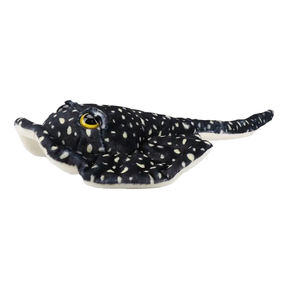 A plush black and white spotted ray plush toy with a yellow eye from ray plush toys and dot octopus collection