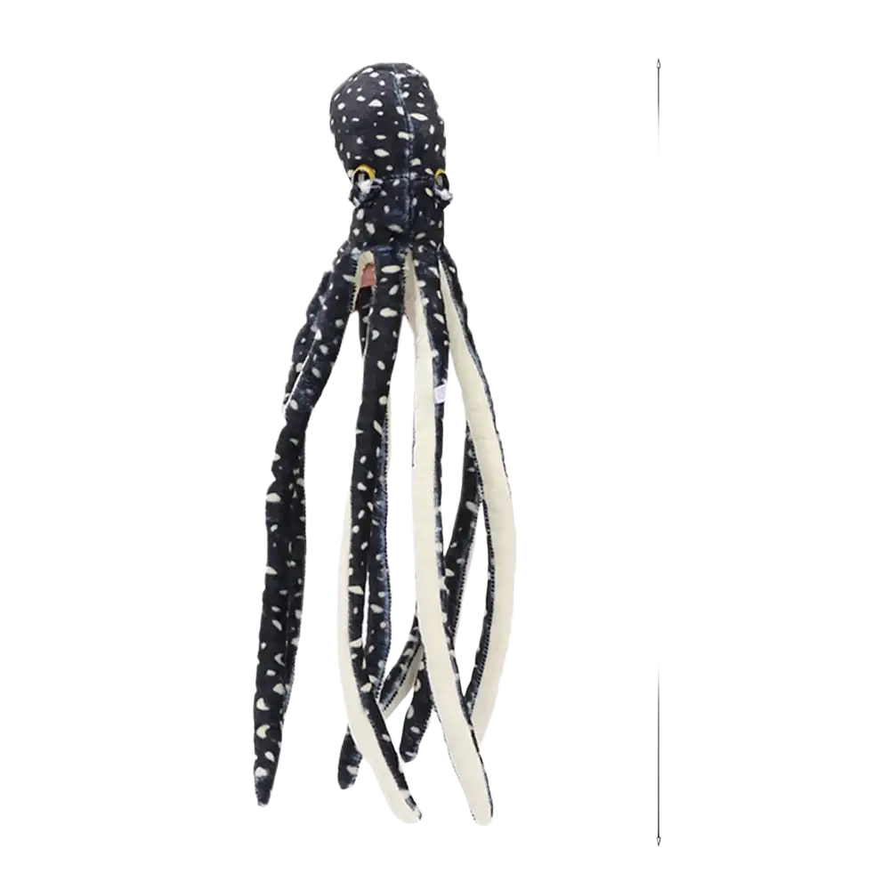 Black and white spotted dot octopus plush toy with soft fabric body and cream-colored tentacles from ray plush toys