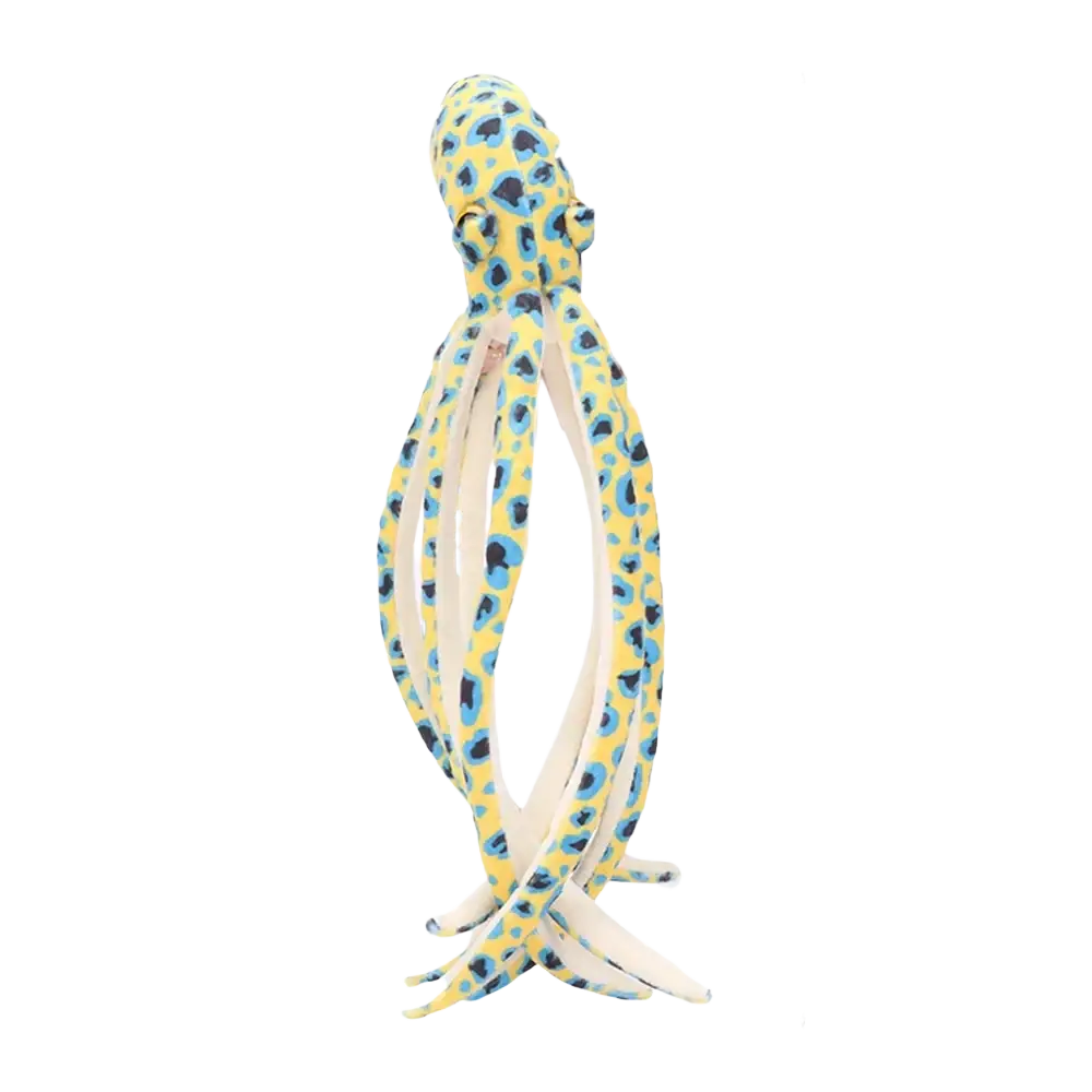 A yellow plush dot octopus toy with blue leopard spots and soft fabric arms by ray plush toys collection