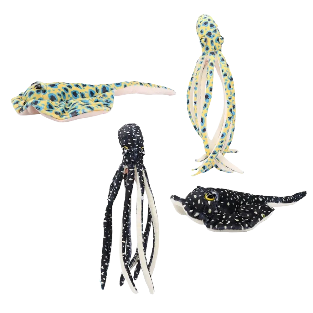 Plush dot octopus toy from ray plush toys with black body white spots and long soft tentacles