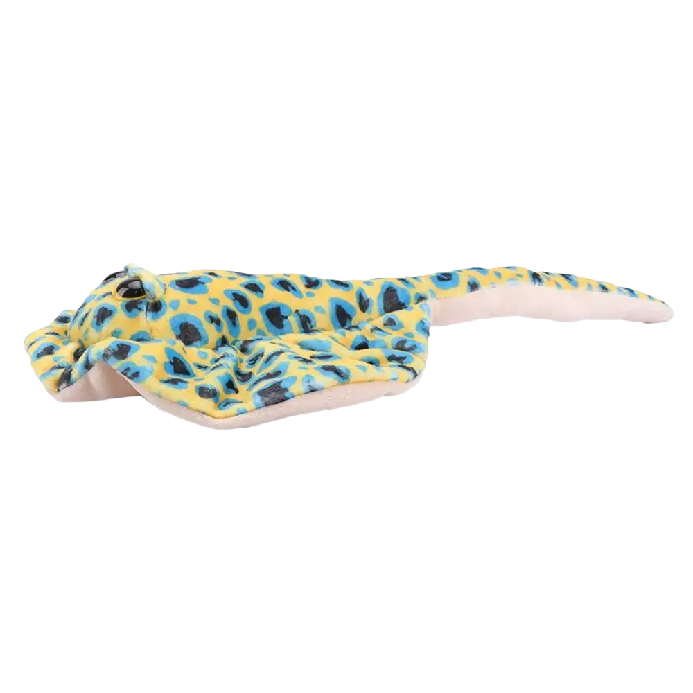 A plush yellow ray with blue and black leopard print made of soft fabric featured in ray plush toys and dot octopus collection