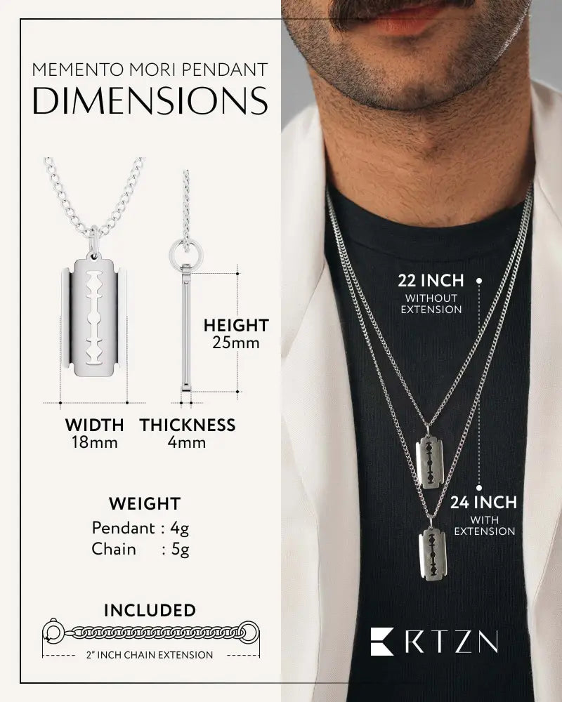 Silver razor blade memento mori pendant necklace with stainless steel curb chain showcasing front view design