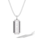Silver razor blade pendant on a stainless steel curb chain necklace showcasing sleek metal craftsmanship