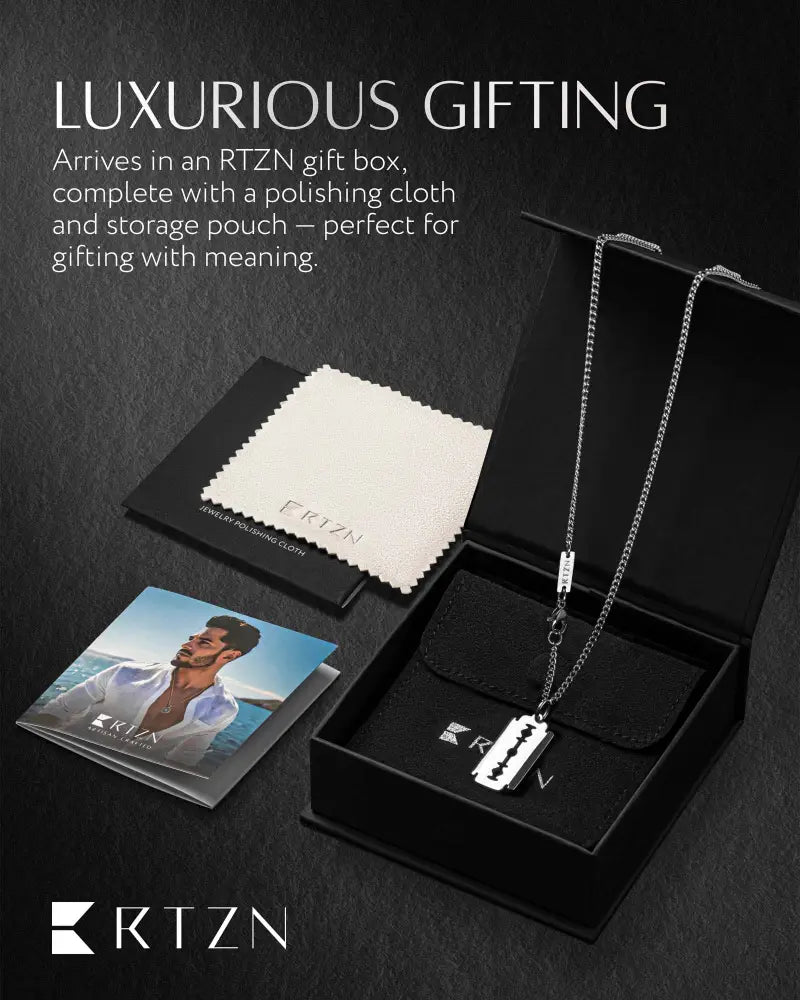 Silver razor blade pendant necklace with stainless steel curb chain by rtzn in sleek silver color