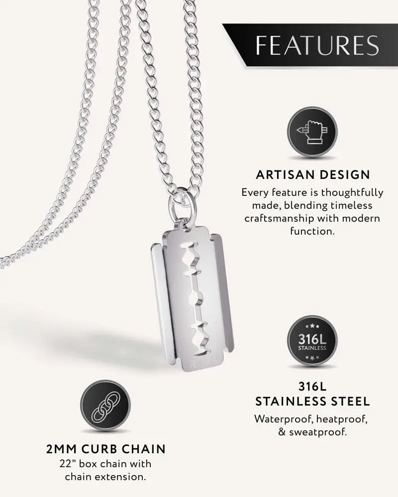 Silver razor blade pendant on a 2mm curb chain necklace made of 316l stainless steel in silver color
