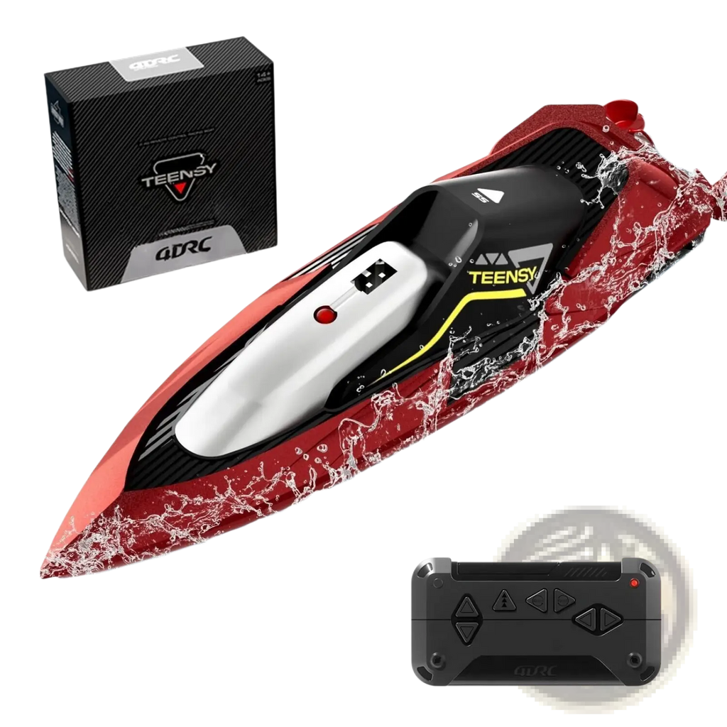Red and black rc boat 4drc s5 fast racing speedboat with white control panel featuring Teensy brand logo for kids