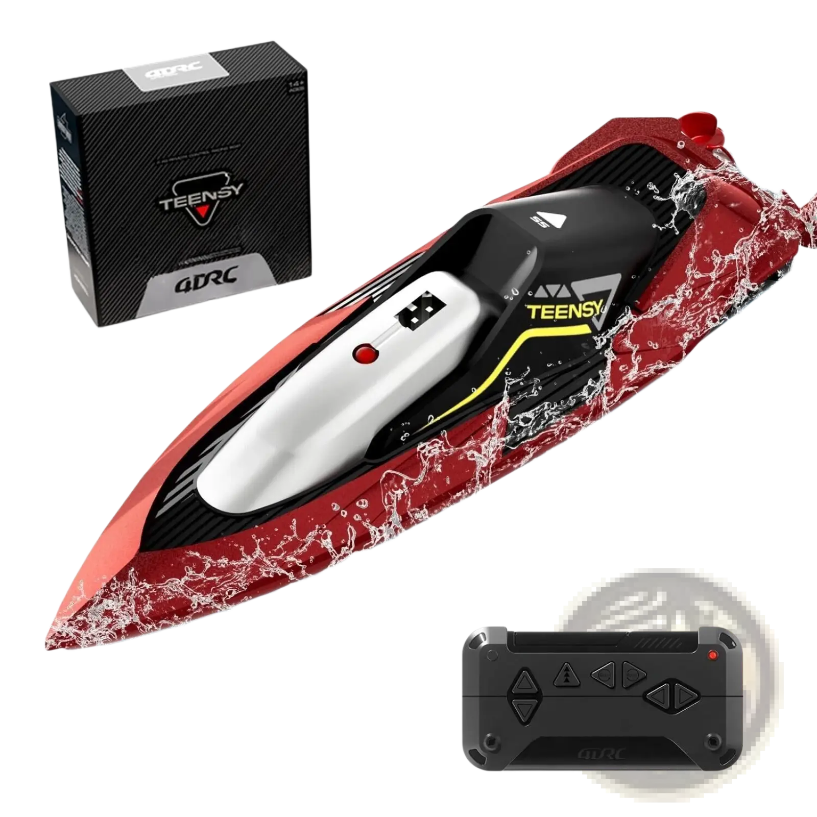 Red and black rc boat 4drc s5 fast racing speedboat with white control panel featuring Teensy brand logo for kids