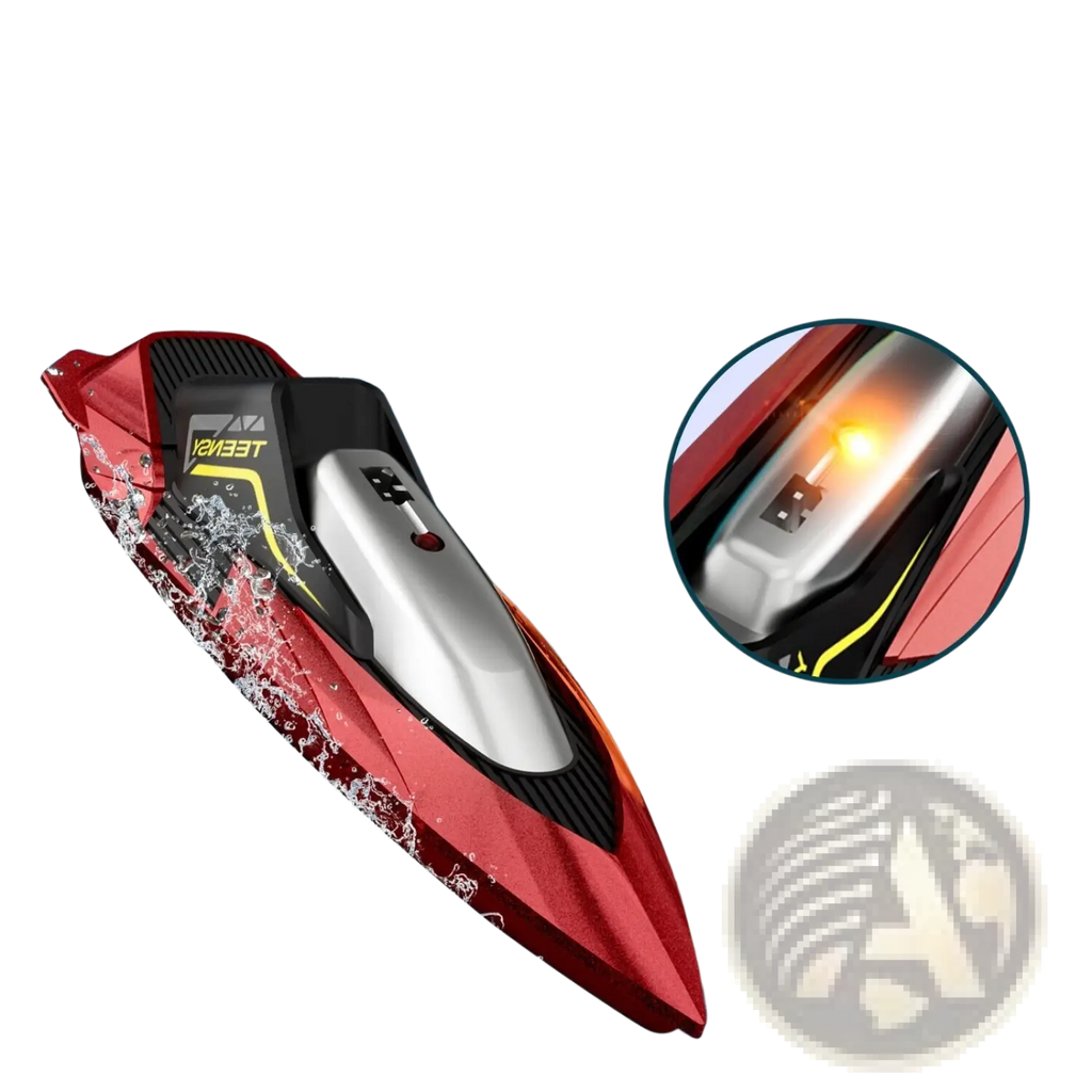 Rc boat 4drc s5 fast racing speedboat for kids in red and black with silver cockpit and night navigation lights