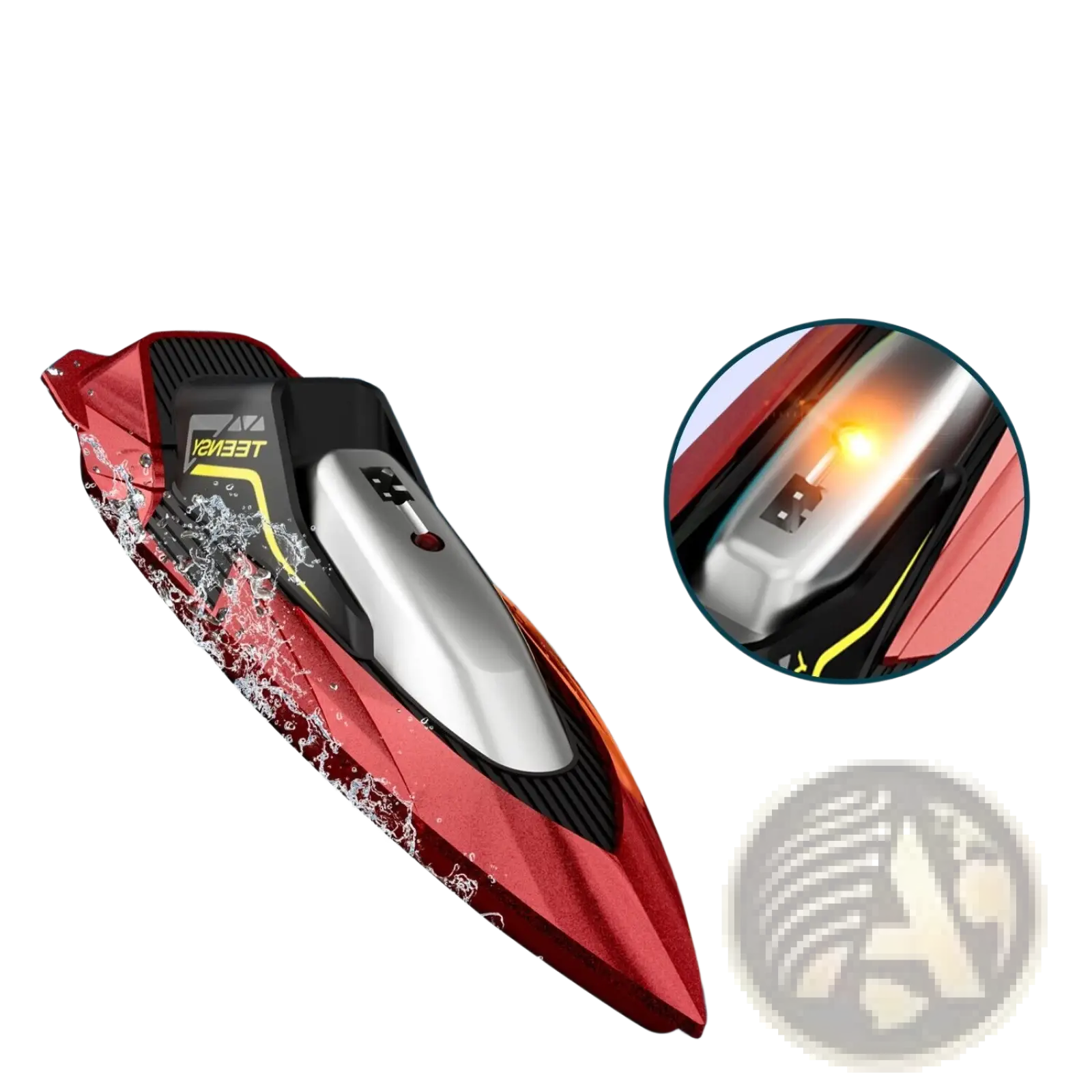 Rc boat 4drc s5 fast racing speedboat for kids in red and black with silver cockpit and night navigation lights