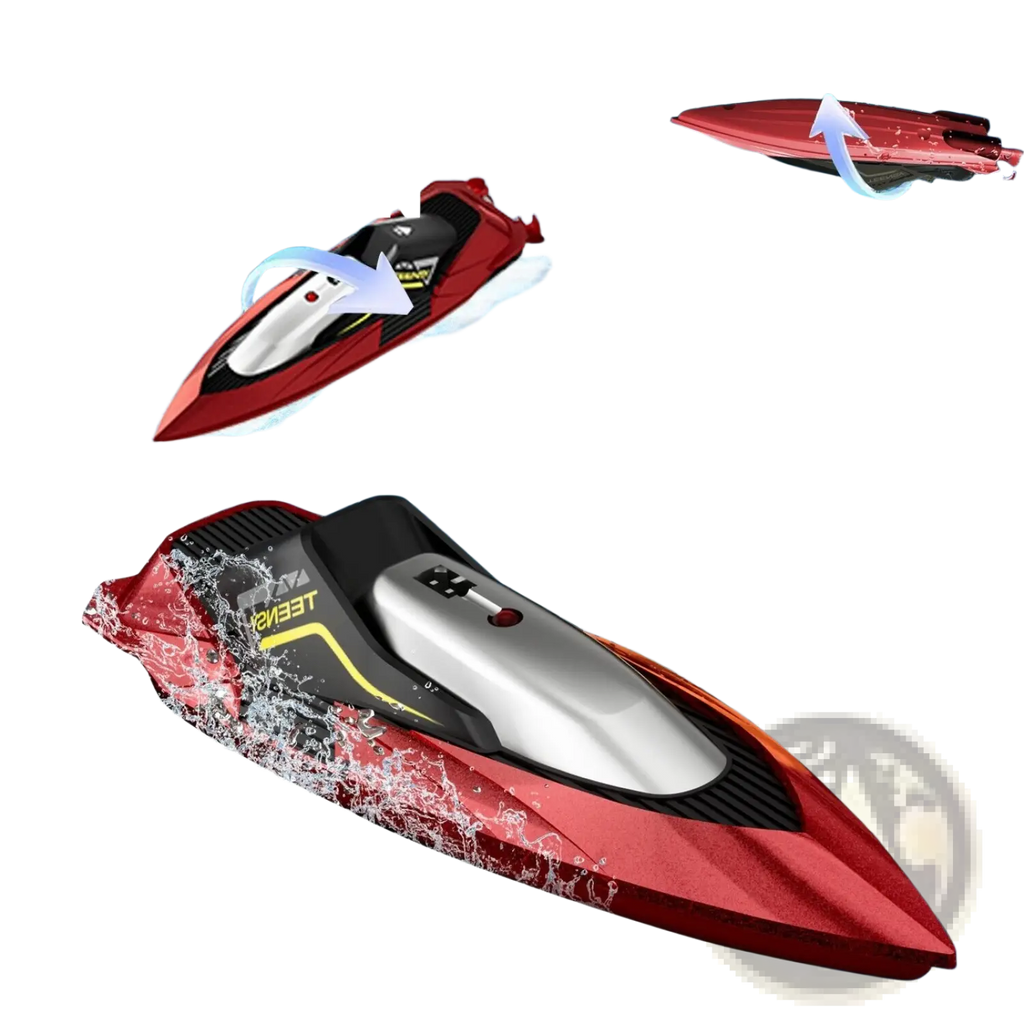 Rc boat 4drc s5 fast racing speedboat for kids in red and black with silver cockpit and yellow accent stripes