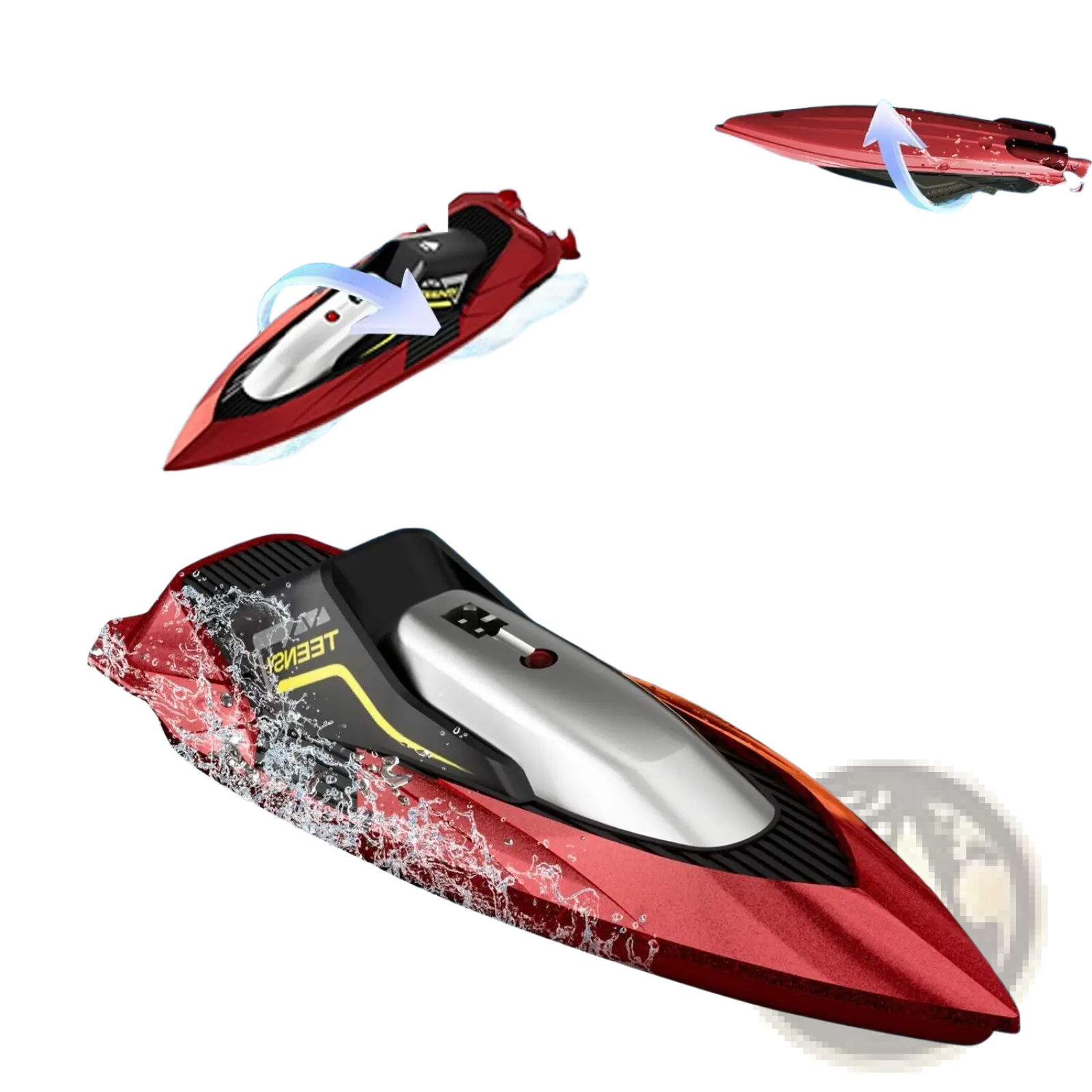 Rc boat 4drc s5 fast racing speedboat for kids in red and black with silver cockpit and yellow accent stripes
