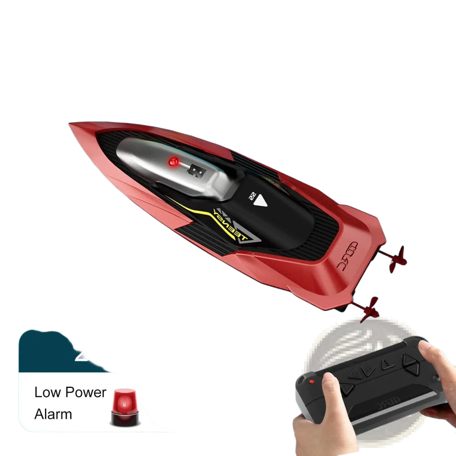 Rc boat 4drc s5 fast racing speedboat for kids in red and black with silver engine housing and yellow branding on hull