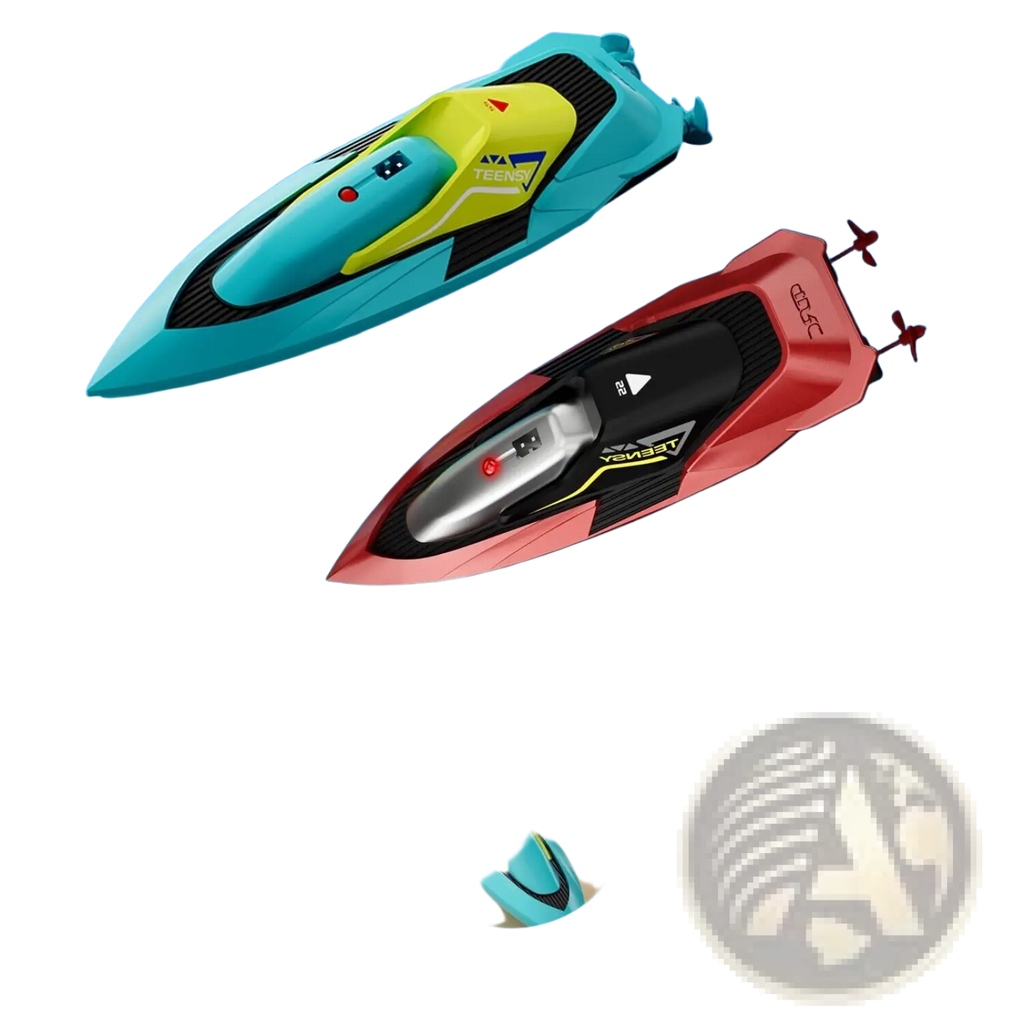 Two remote-controlled rc boat 4drc s5 fast racing speedboats in teal yellow black and red black silver trim for kids