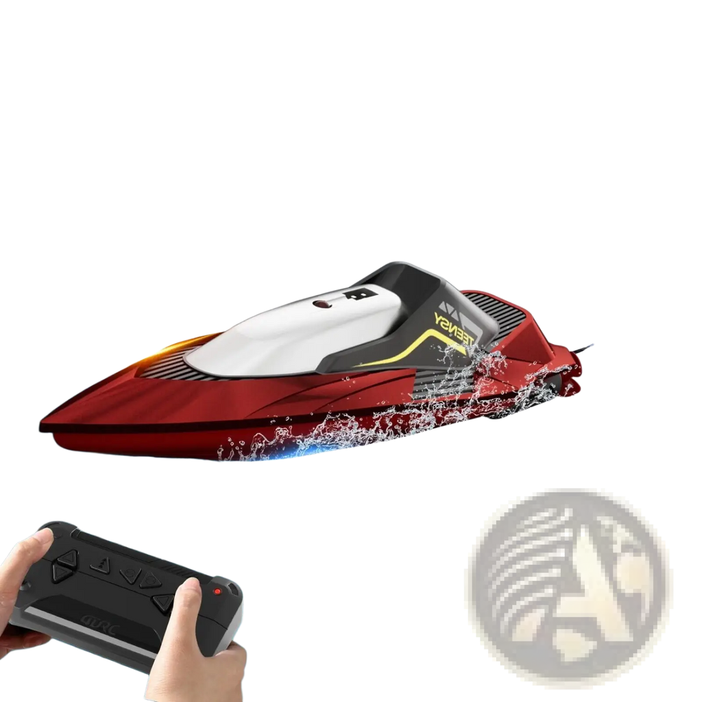 Red and black 4drc s5 rc boat with yellow accents featuring a sleek aerodynamic design for fast racing use
