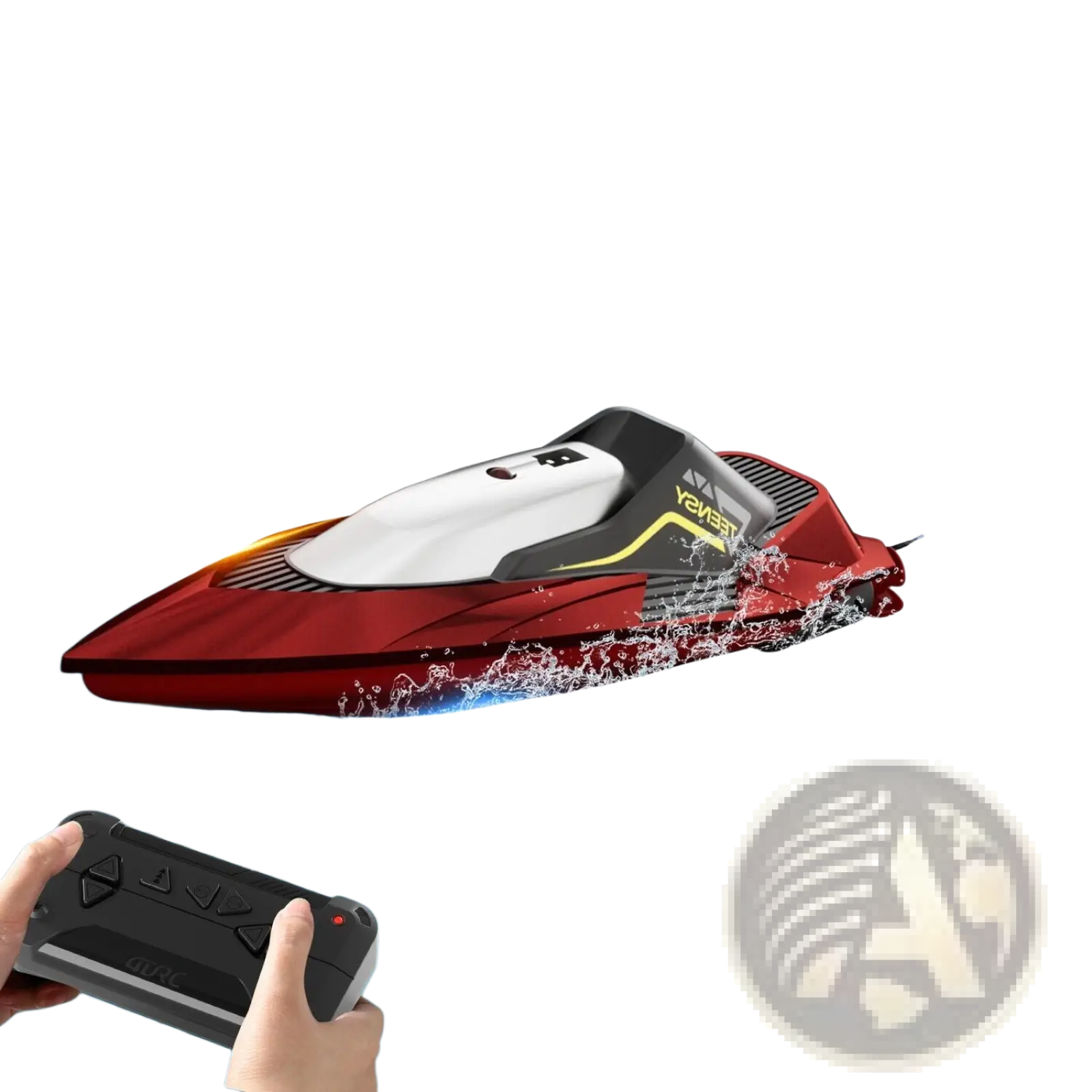 Red and black 4drc s5 rc boat with yellow accents featuring a sleek aerodynamic design for fast racing use