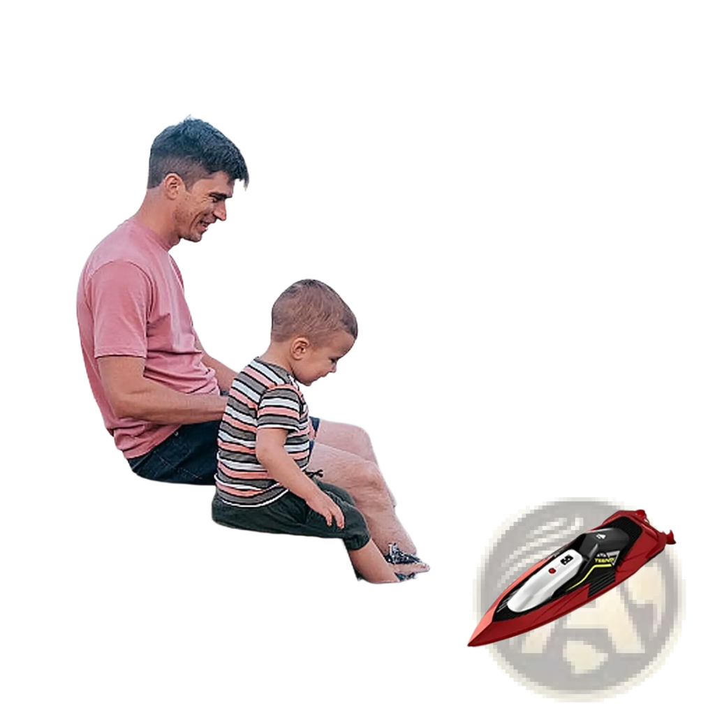 Red and black rc boat 4drc s5 fast racing speedboat with white accents gliding across water for kids