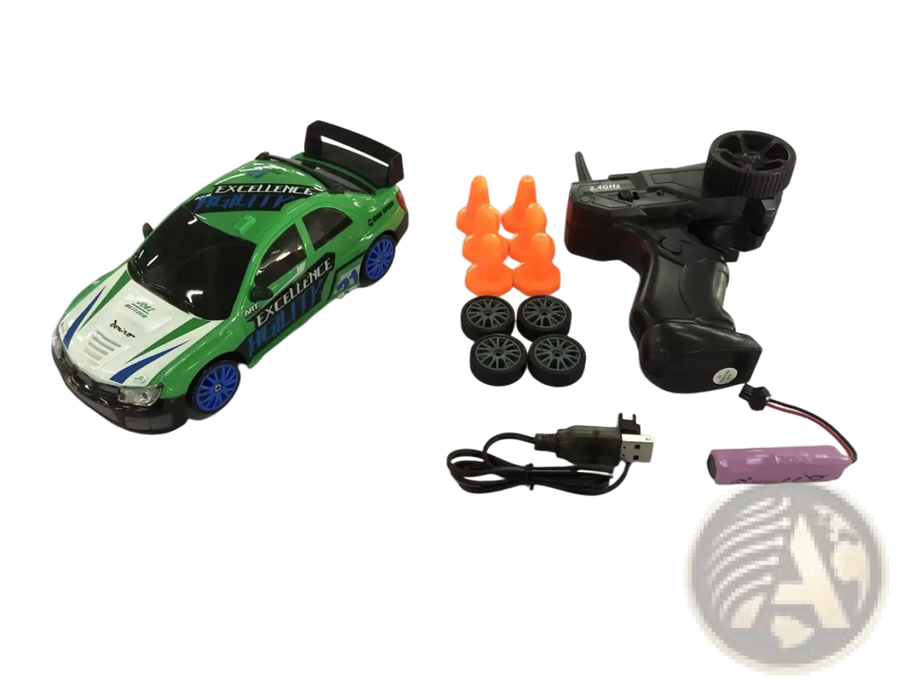 Green and white rc drift car with blue wheels black spoiler and excellence decals 4wd high speed remote control gtr toy