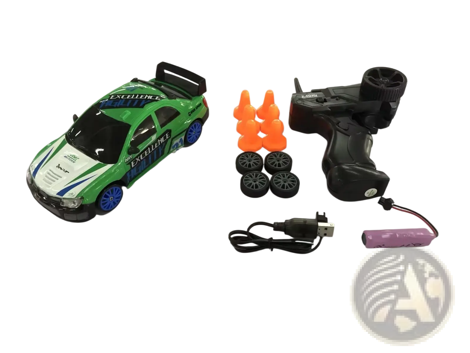 Green and white rc drift car with blue wheels black spoiler and excellence decals 4wd high speed remote control gtr toy