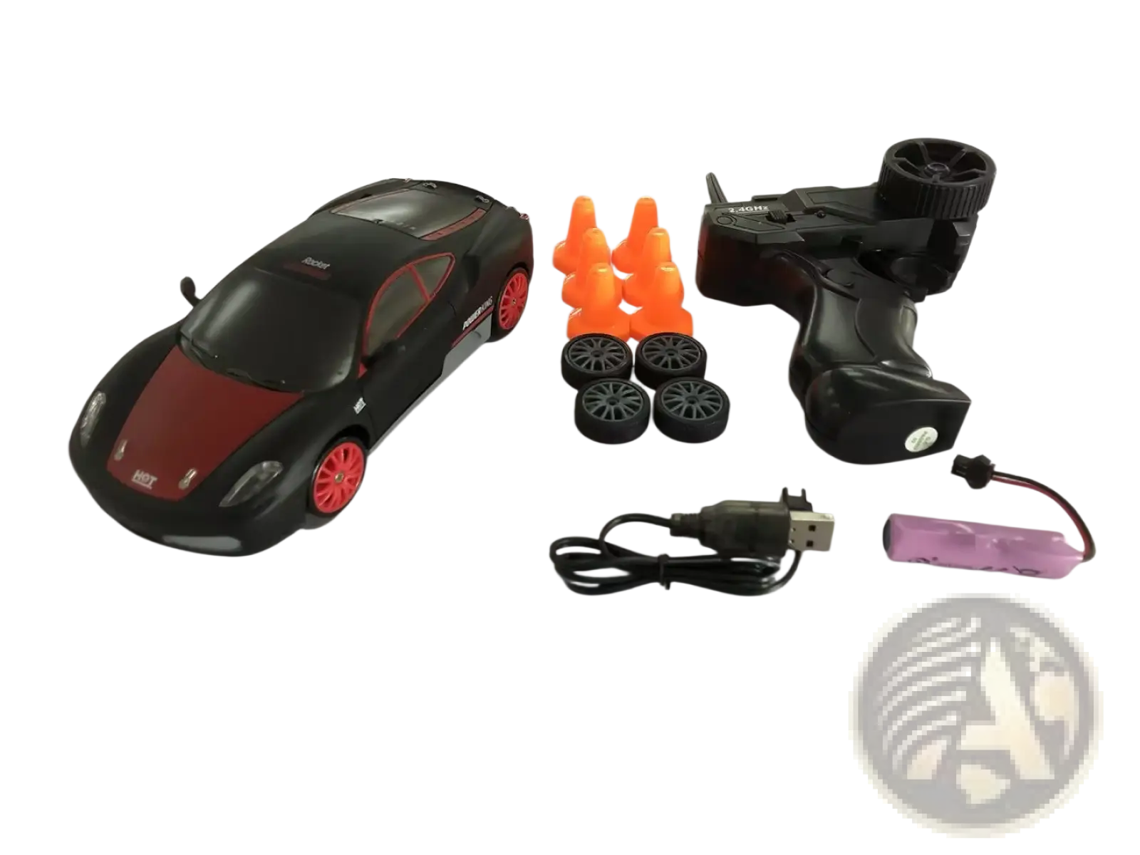 Black and red rc drift car with glossy finish orange wheels detailed decals 4wd high speed remote control gtr toy