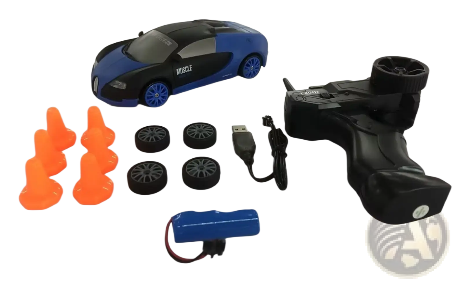 Blue and black rc drift car 4wd high speed remote control bugatti chiron toy with muscle branding on the side