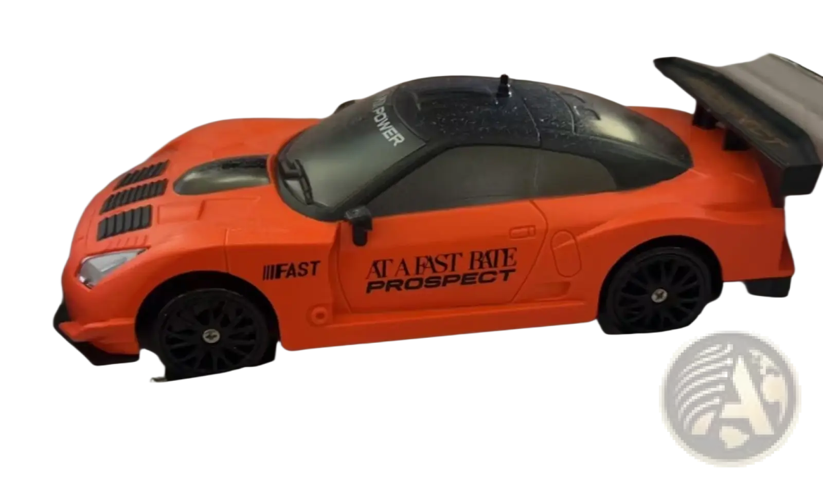 Orange rc drift car with black roof spoiler and wheels high speed 4wd remote control gtr toy from the back side