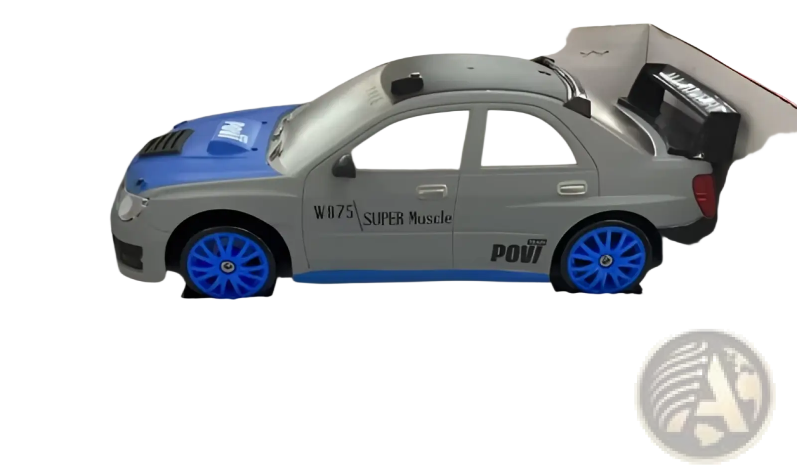 Gray and blue rc drift car with black racing spoiler and w075 super muscle decals high speed 4wd remote control gtr toy