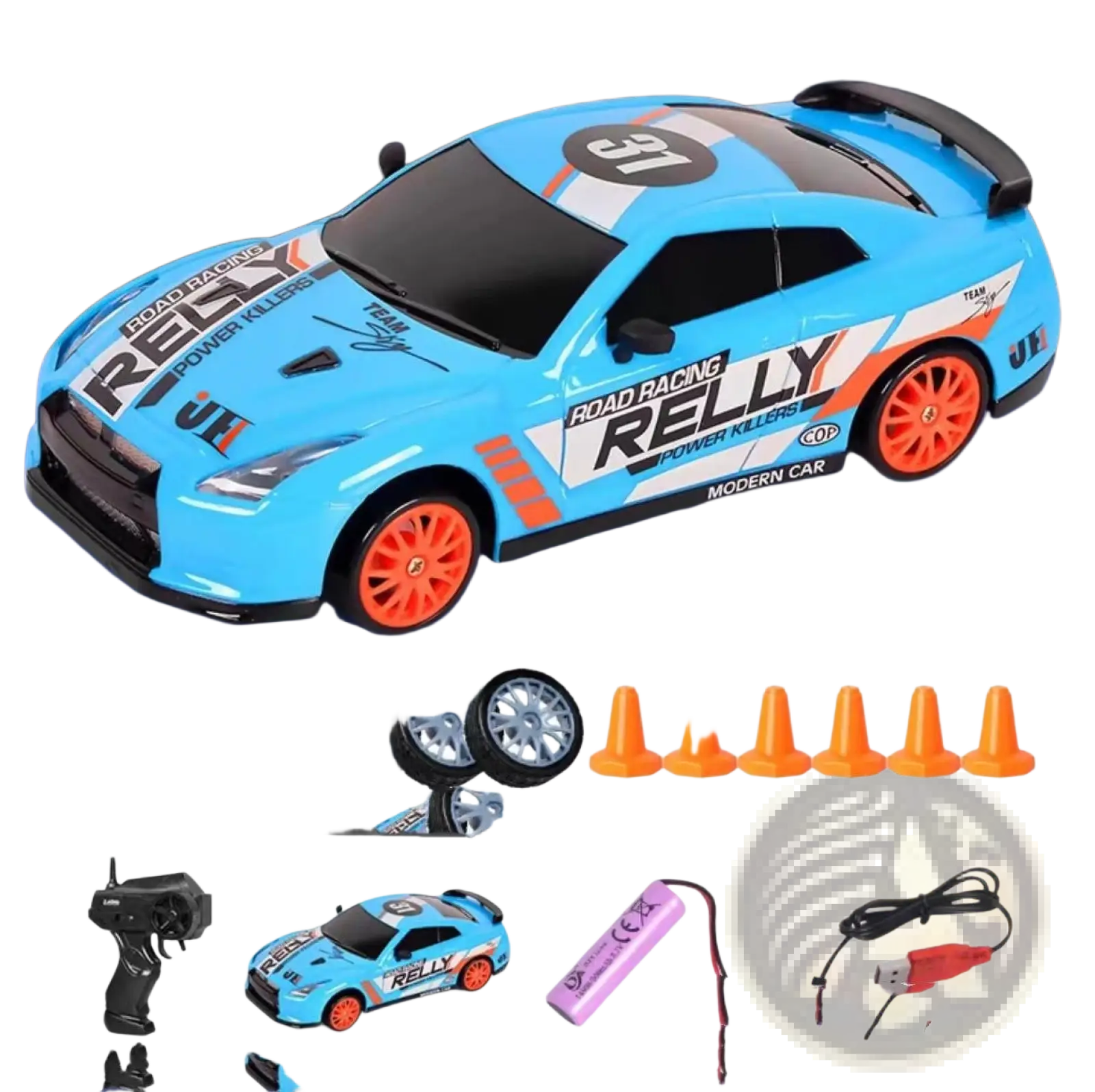 Rc drift car 4wd high speed remote control gtr toy in blue and orange with black accents and road racing relly decals