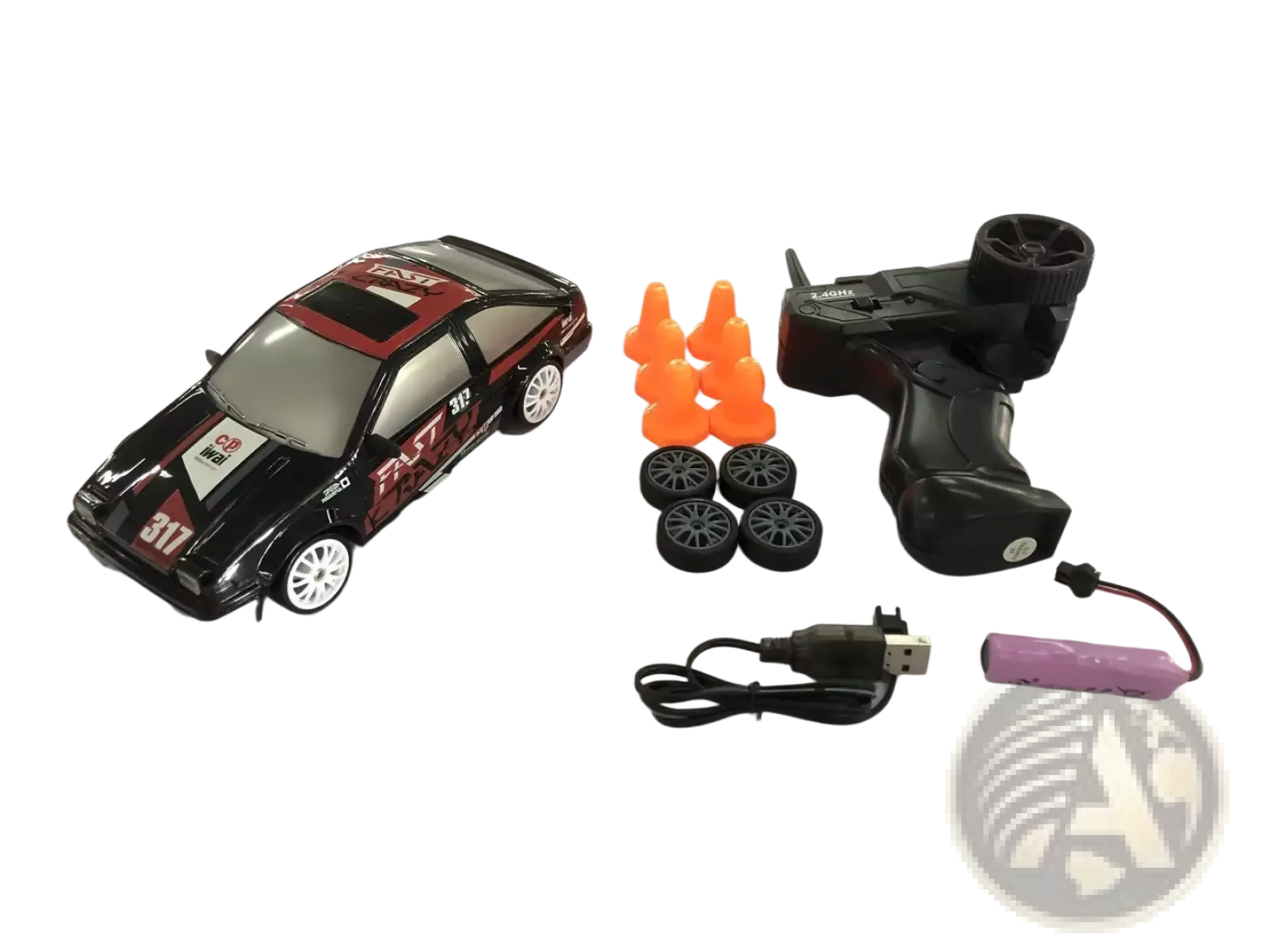 Black and red rc drift car with 4wd high speed and white wheels featuring racing decals for remote control racing