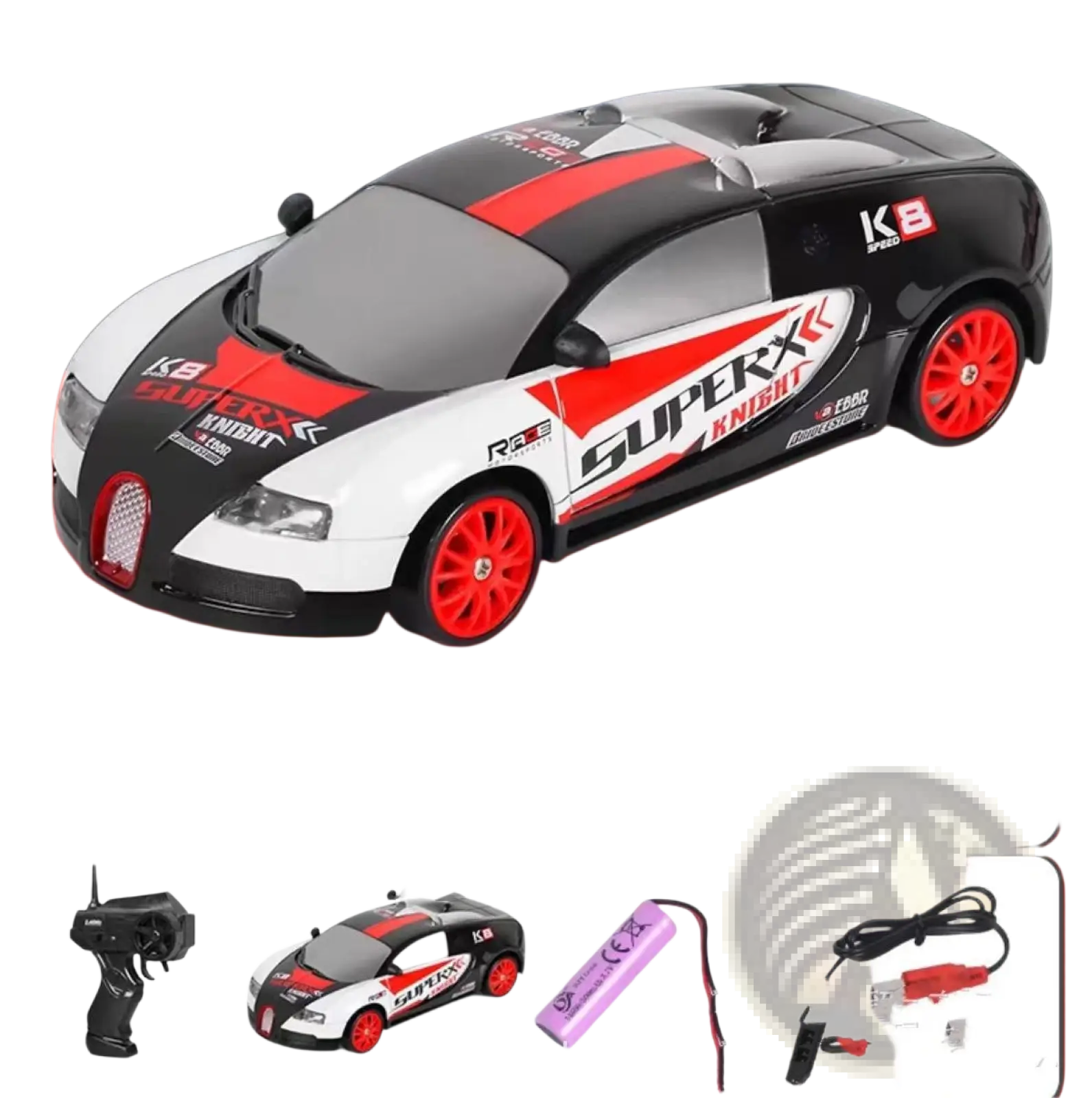 Black and white rc drift car with red racing stripes and wheels branded super knight high speed 4wd remote control gtr toy