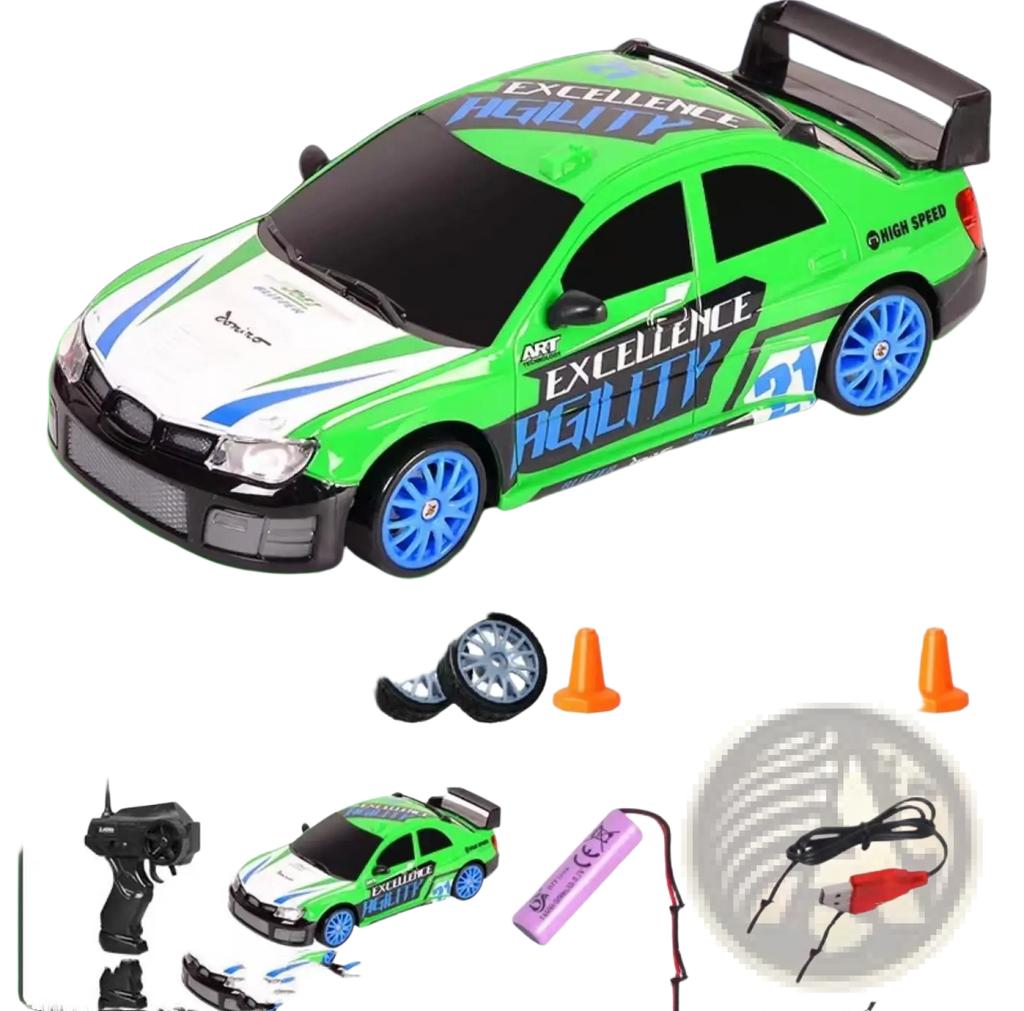 Rc drift car 4wd high speed remote control gtr toy green and black with blue wheels and excellence agility decals