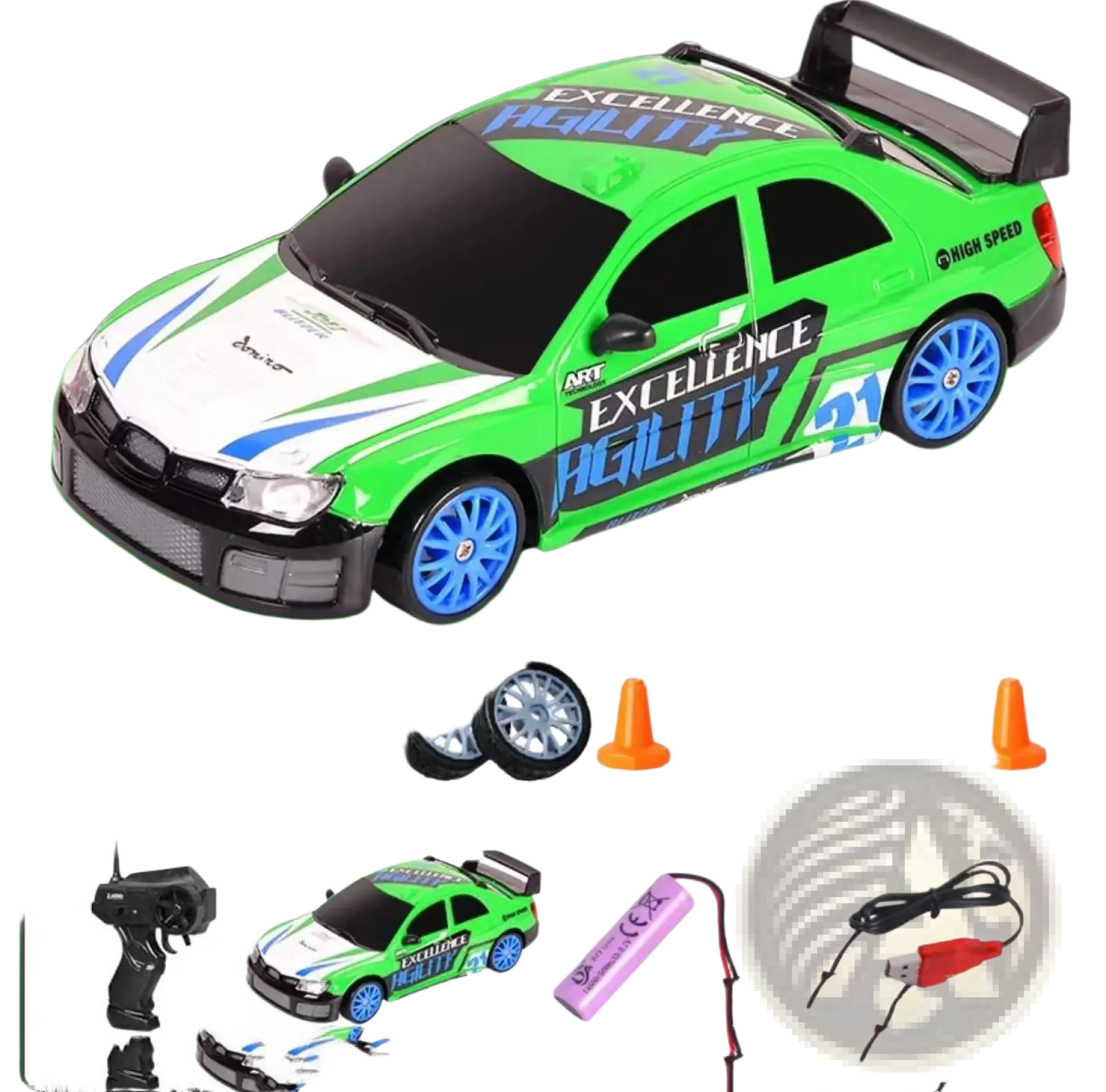 Rc drift car 4wd high speed remote control gtr toy green and black with blue wheels and excellence agility decals