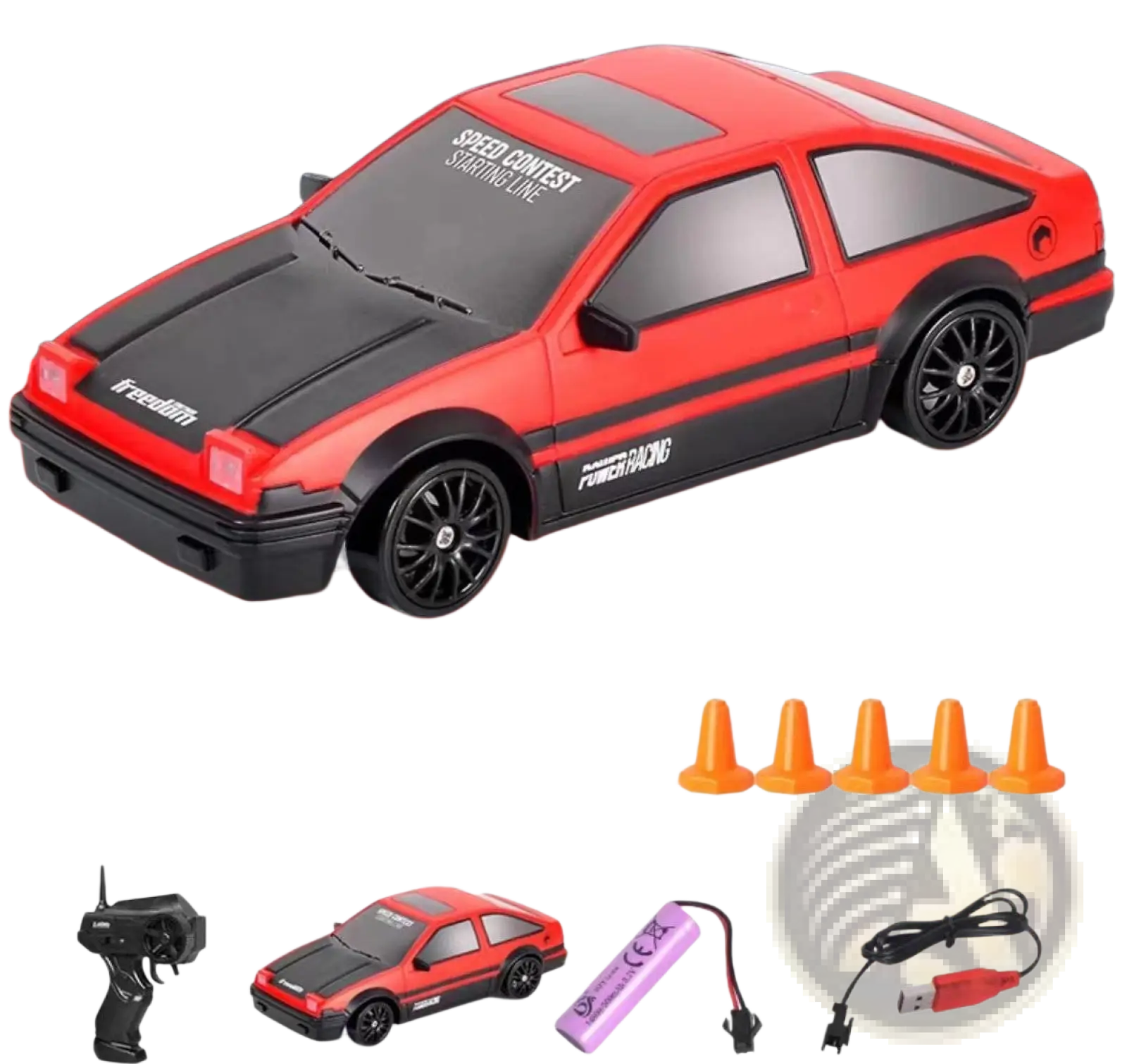 Red and black rc drift car 4wd high speed remote control toy with sleek sporty design resembling ae86 model