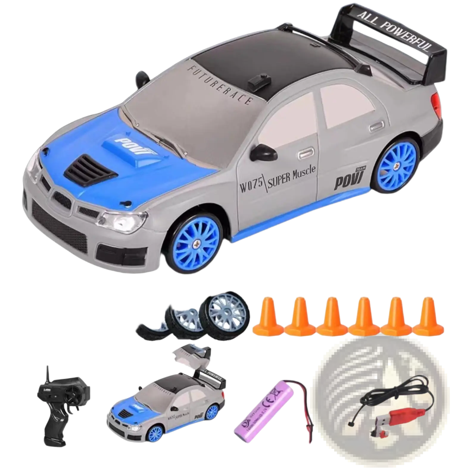 Gray and blue rc drift car with 4wd high speed, featuring black roof, spoiler, and detailed decals for racing