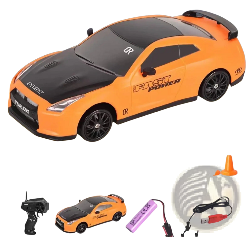 Orange and black rc drift car 4wd high speed remote control gtr toy featuring fast power decals