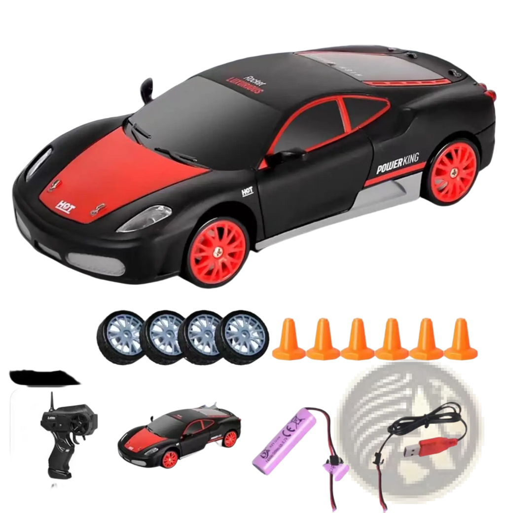 Black and red rc drift car with orange wheels and powerking branding high speed 4wd remote control gtr toy