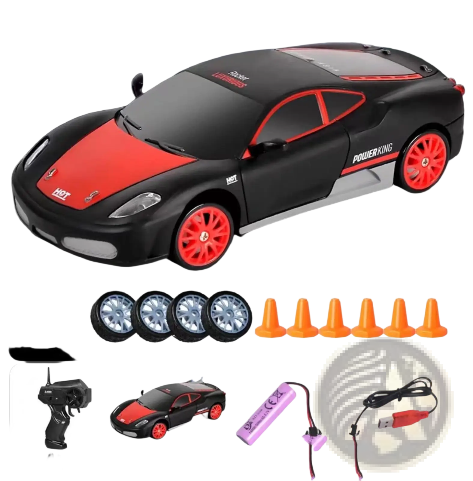Black and red rc drift car with orange wheels and powerking branding high speed 4wd remote control gtr toy