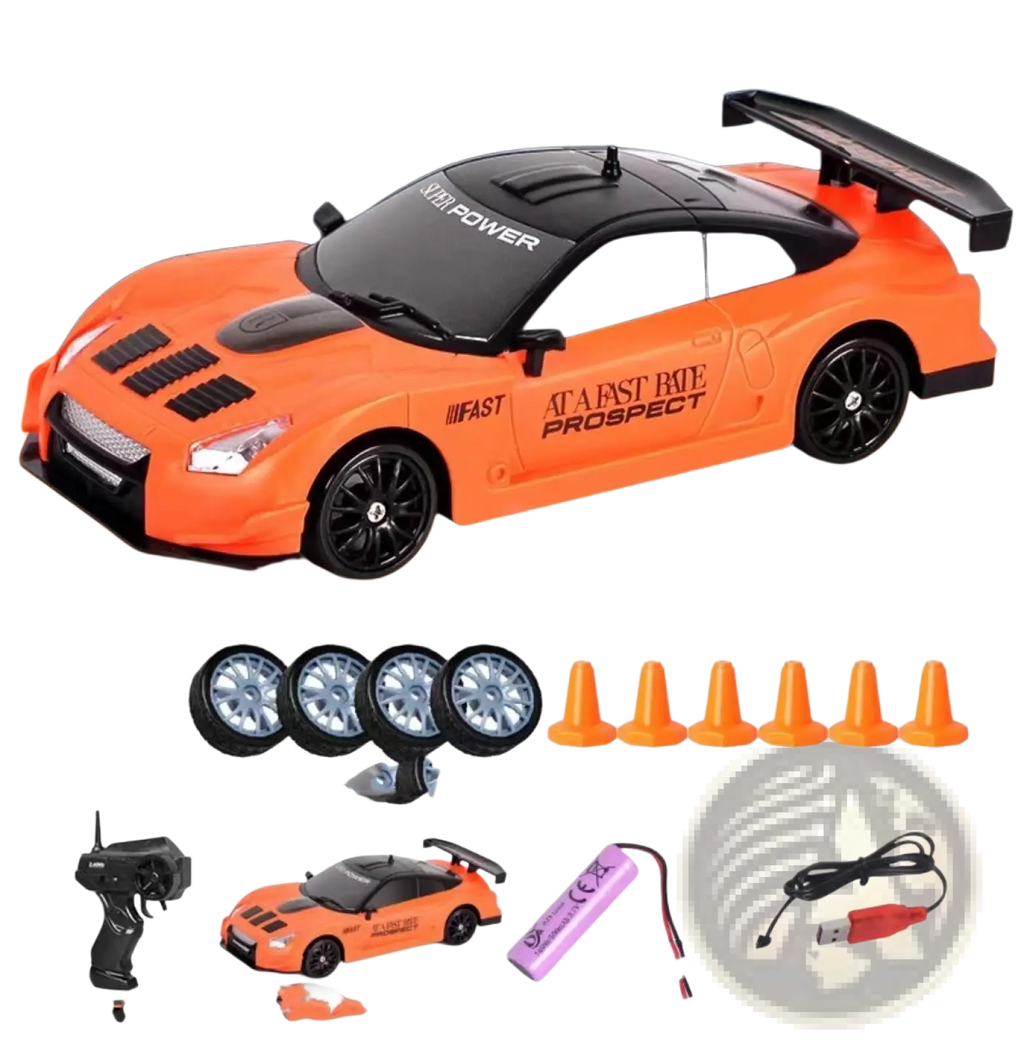 Orange remote control drift car 4wd with black accents and prominent rear spoiler shown from the back side