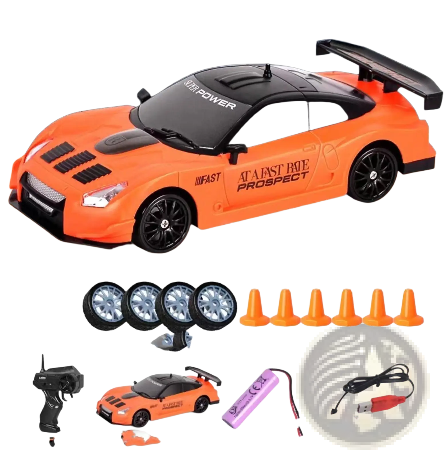 Orange remote control drift car 4wd with black accents and prominent rear spoiler shown from the back side