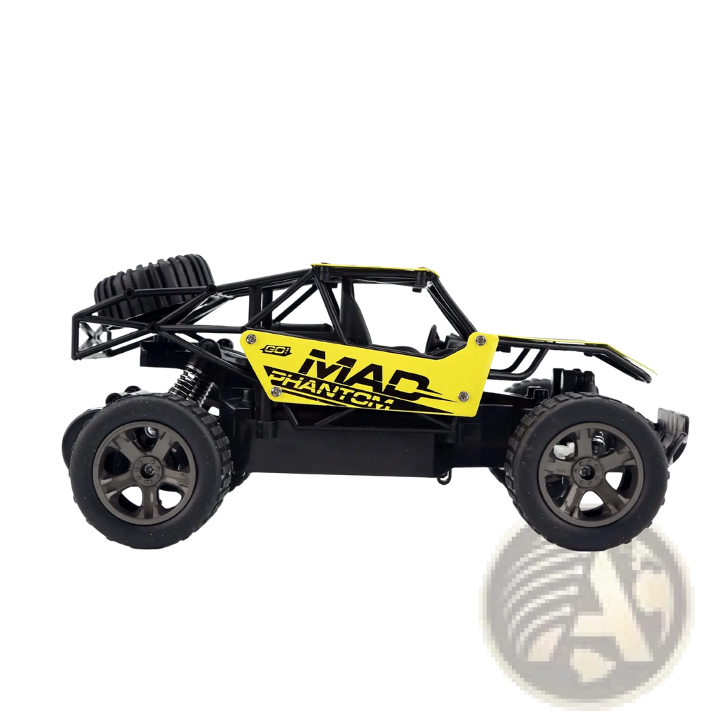 Black and yellow rc drift car mad phantom off-road buggy 2.4g with remote control and mad phantom branding on the side