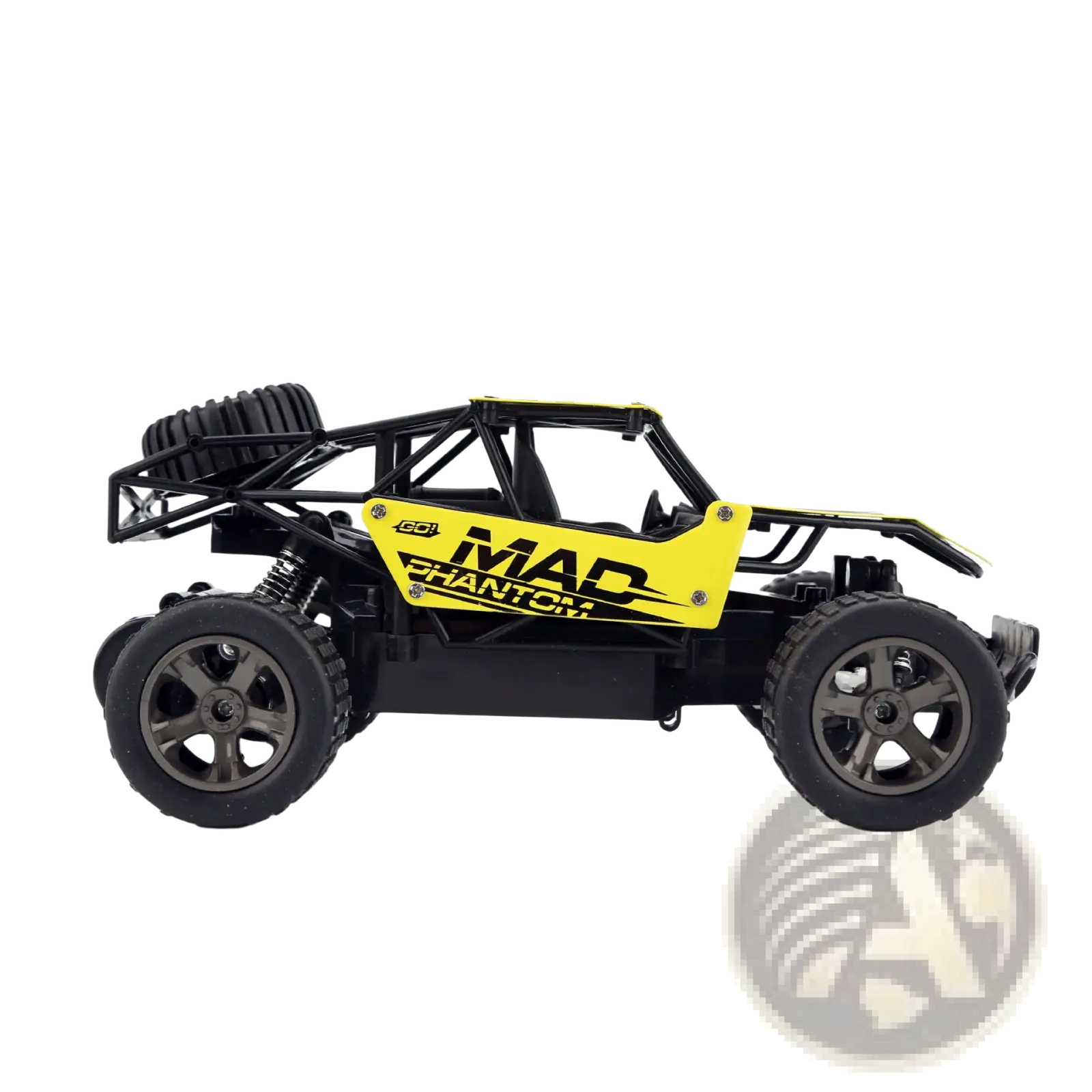 Black and yellow rc drift car mad phantom off-road buggy 2.4g with remote control and mad phantom branding on the side