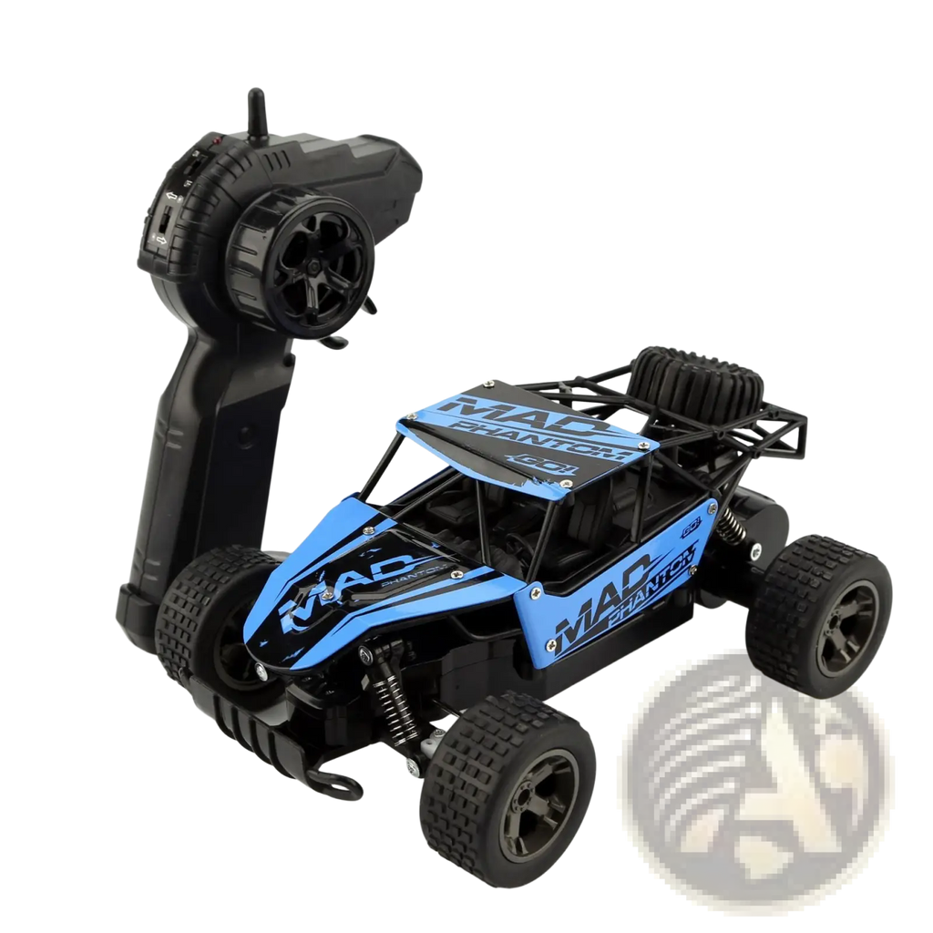 Blue and black mad chanter branded rc drift car mad phantom off-road buggy 2.4g shown from the back side