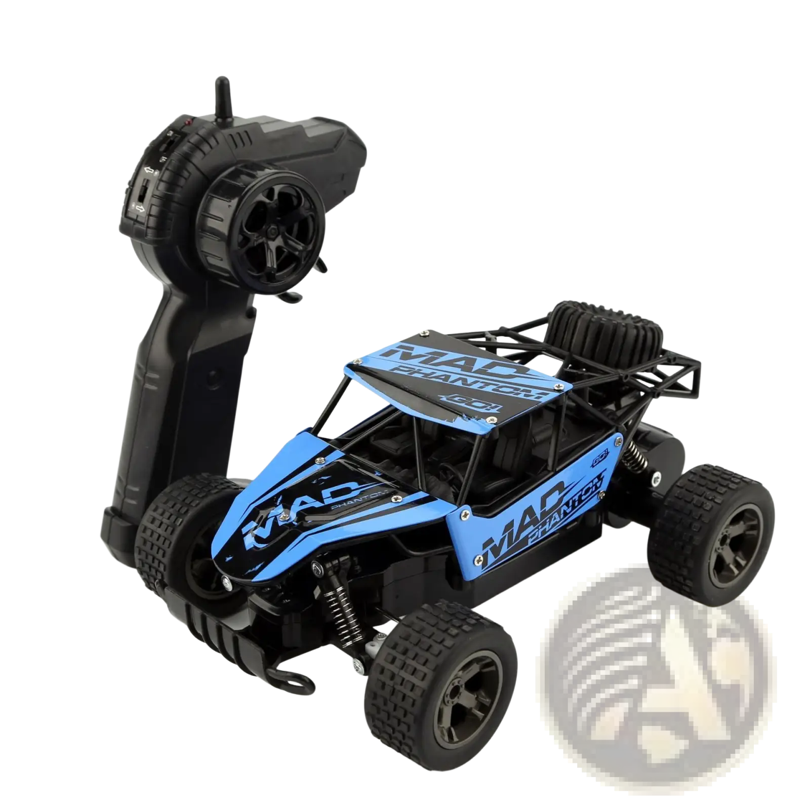 Blue and black mad chanter branded rc drift car mad phantom off-road buggy 2.4g shown from the back side