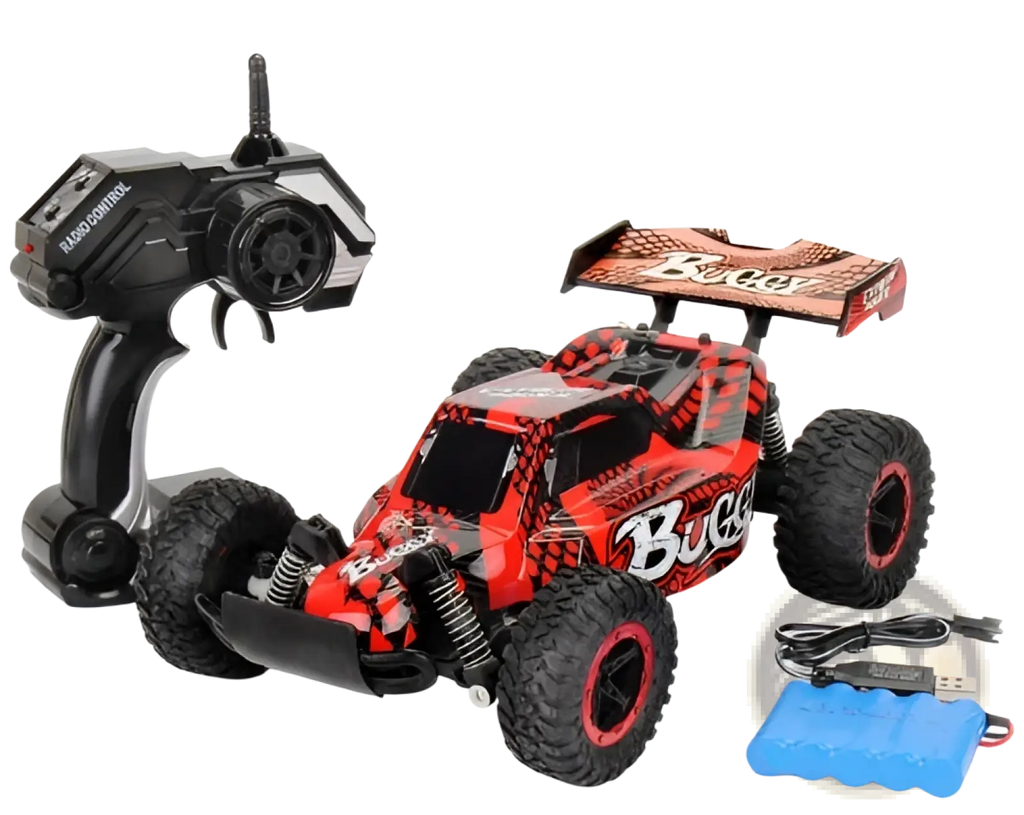 Red and black Rc Drift Car Mad Phantom off-road buggy with rugged tires and detailed chassis featuring buggy branding