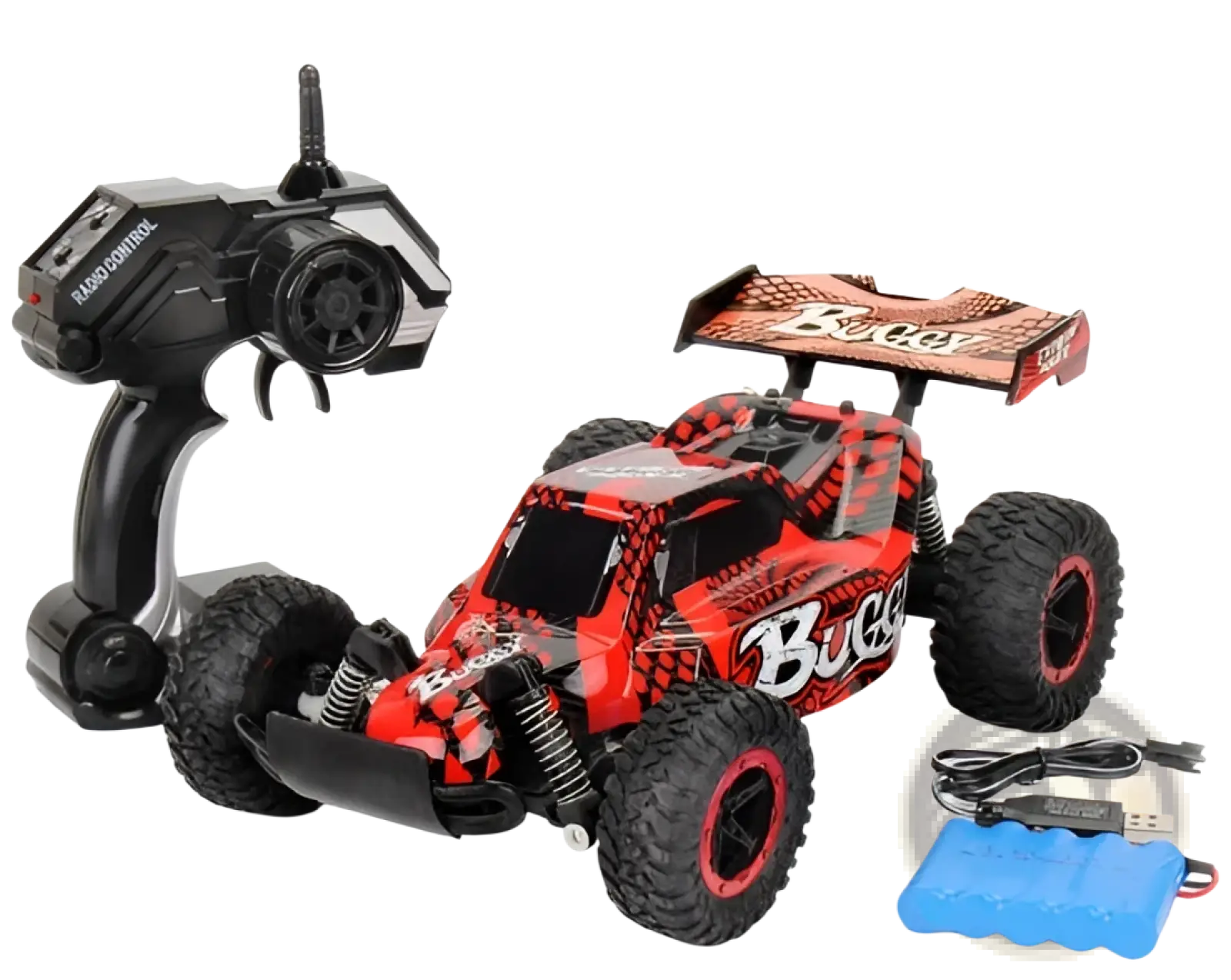 Red and black Rc Drift Car Mad Phantom off-road buggy with rugged tires and detailed chassis featuring buggy branding