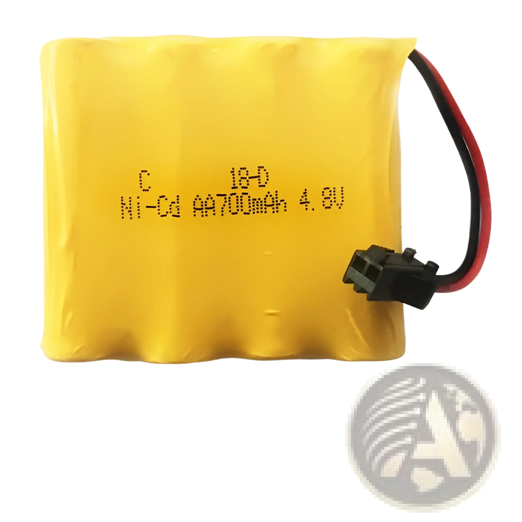 Yellow rectangular ni-cd 18-d battery with red and black wires and black connector for rc drift car mad phantom buggy