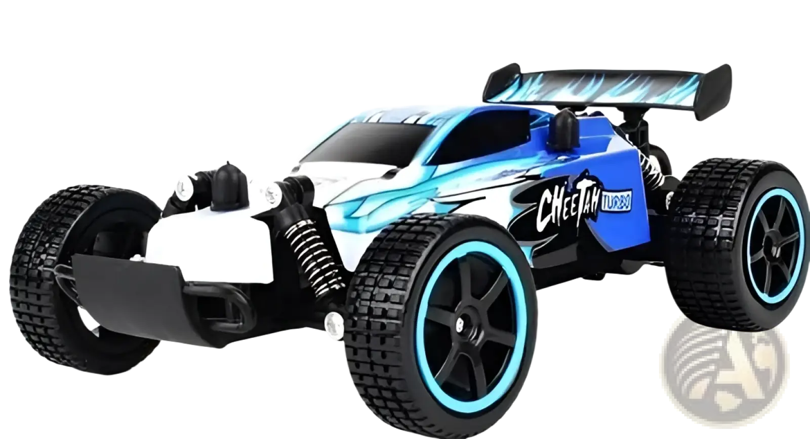 Rc drift car mad phantom off-road buggy 2.4g blue and white remote-controlled with black tires teal rims and cheetah logo
