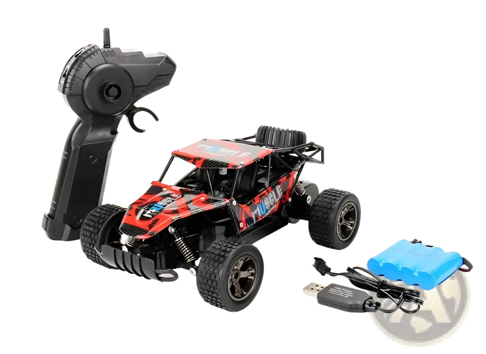 Rc drift car mad phantom off-road buggy in red and black with rugged tires, detailed chassis, and performance decals